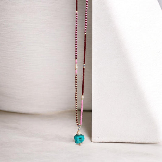 Pink & brown Pearl Necklace with Turquoise