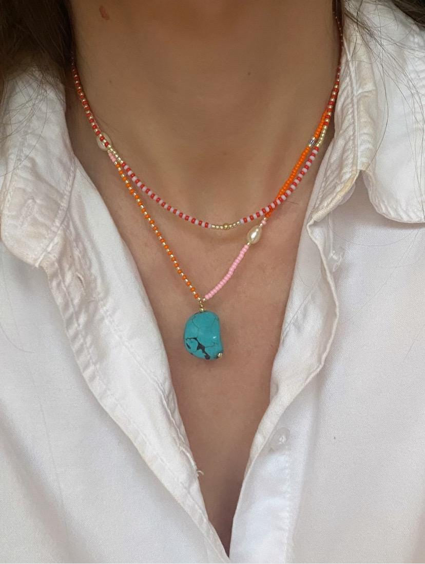 Orange & pink turqouise pendant necklace