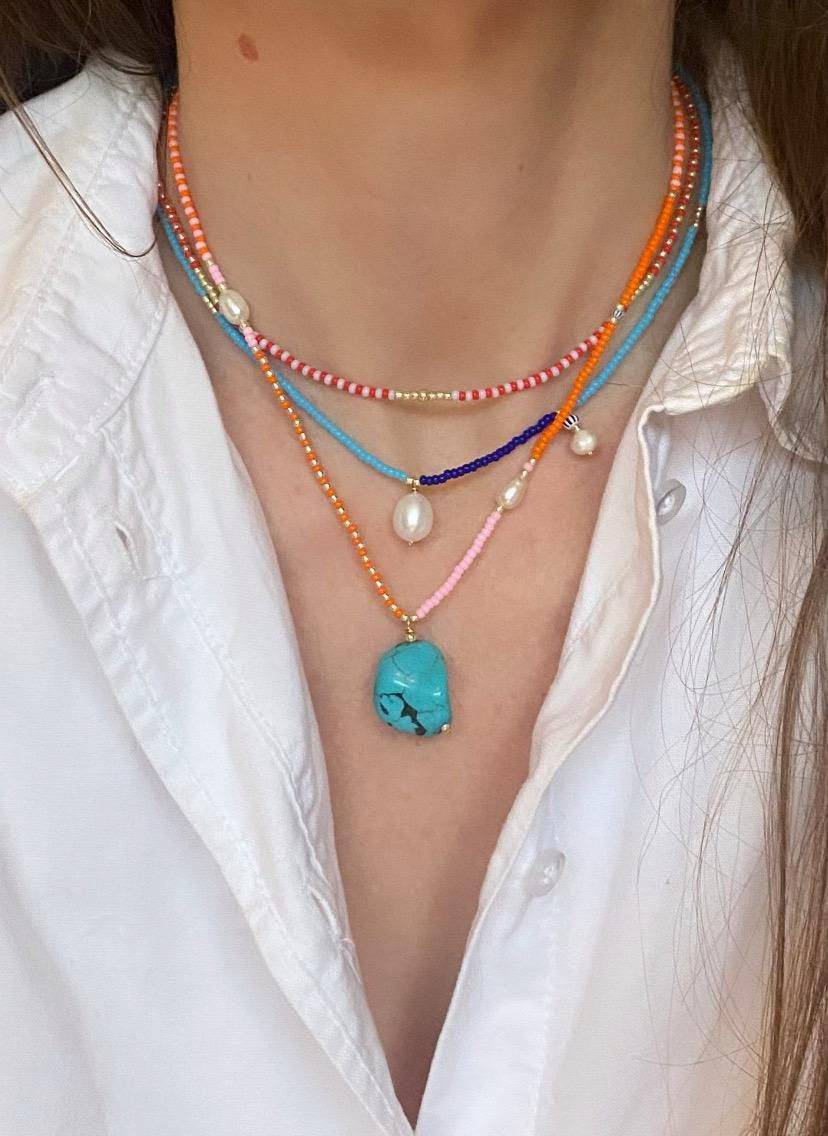 Orange & pink turqouise pendant necklace