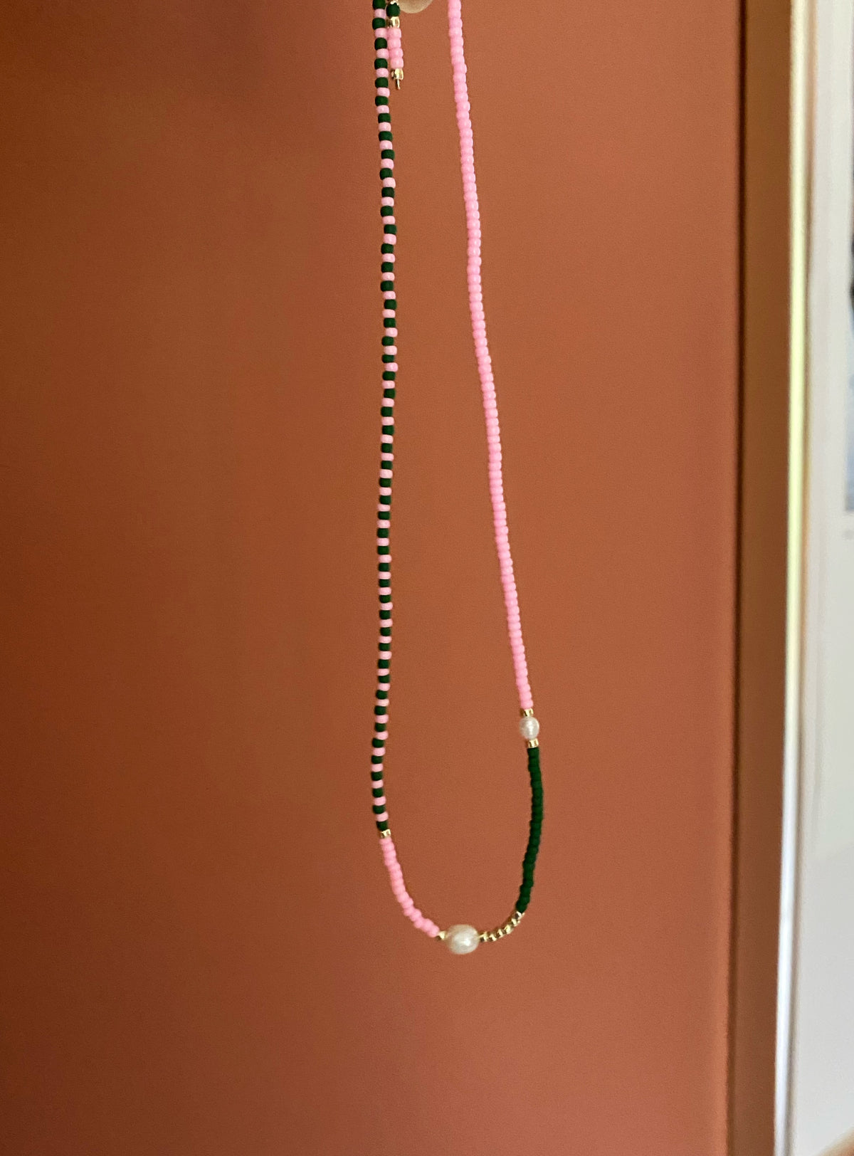 Delicate green pink pearl collar necklace
