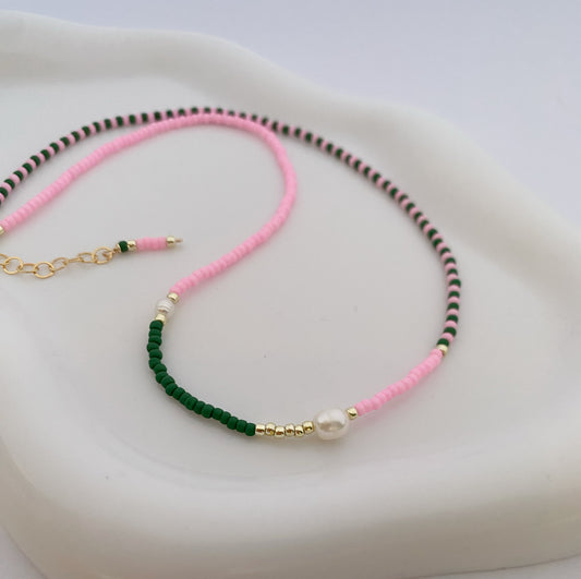 Delicate green pink pearl collar necklace