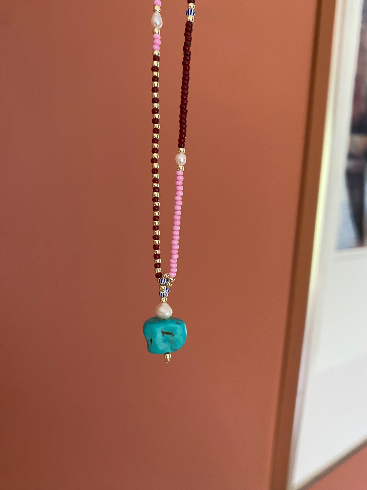 Pink & brown Pearl Necklace with Turquoise