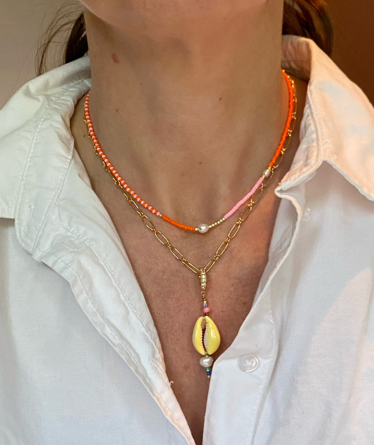 Orange pink vibrant pearl necklace