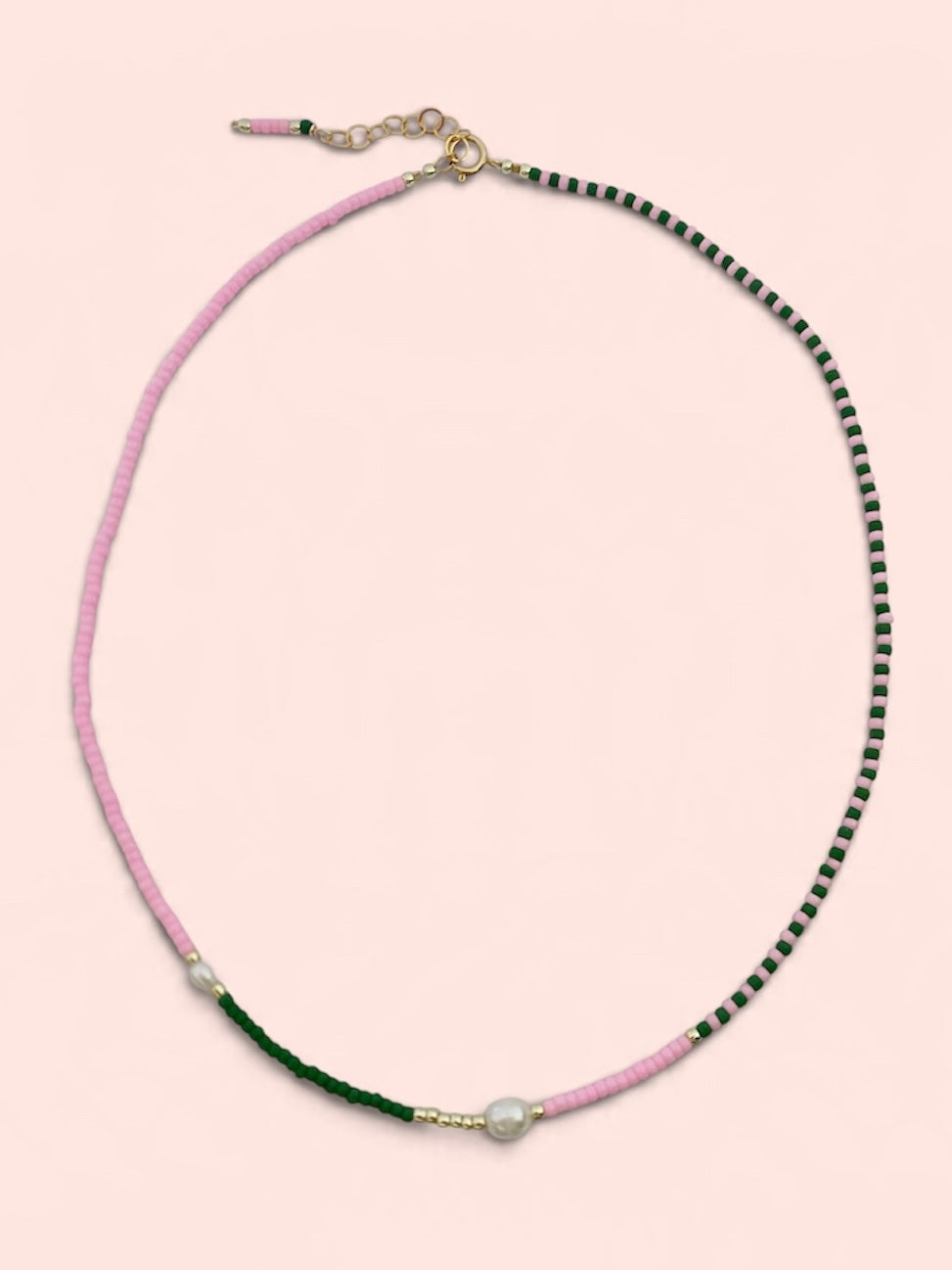 Delicate green pink pearl collar necklace