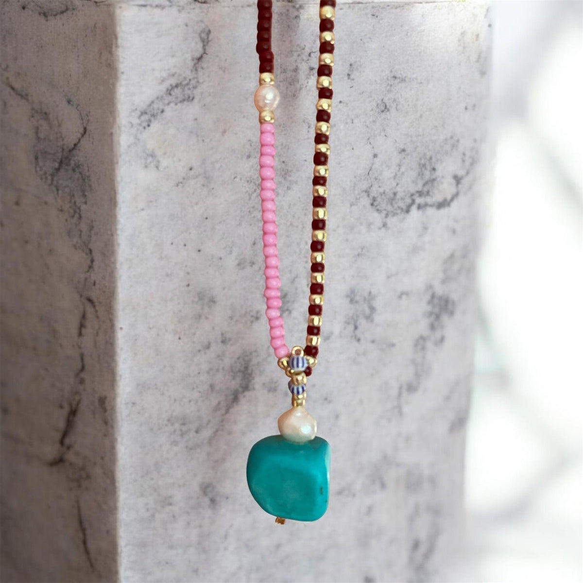 Pink & brown Pearl Necklace with Turquoise