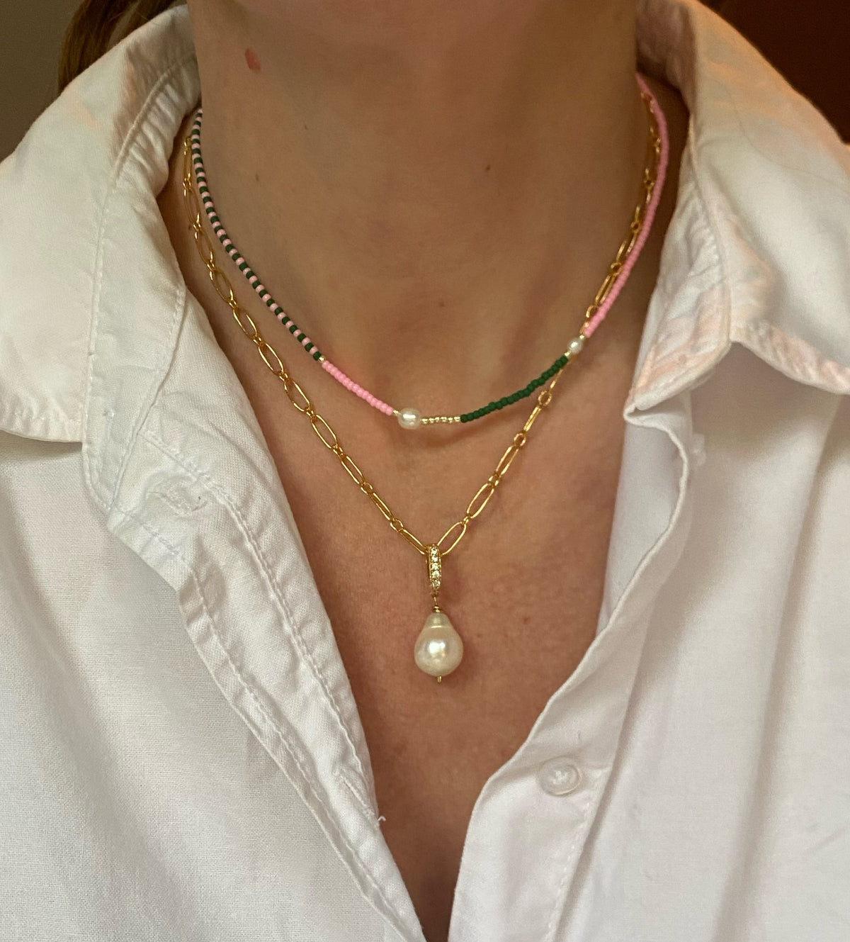 Delicate green pink pearl collar necklace