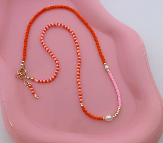 Orange pink vibrant pearl necklace