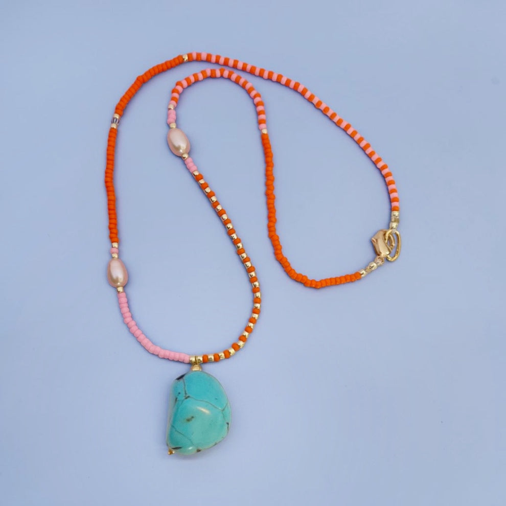 Orange & pink turqouise pendant necklace
