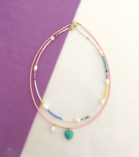 Colorful bead and pearl necklace set